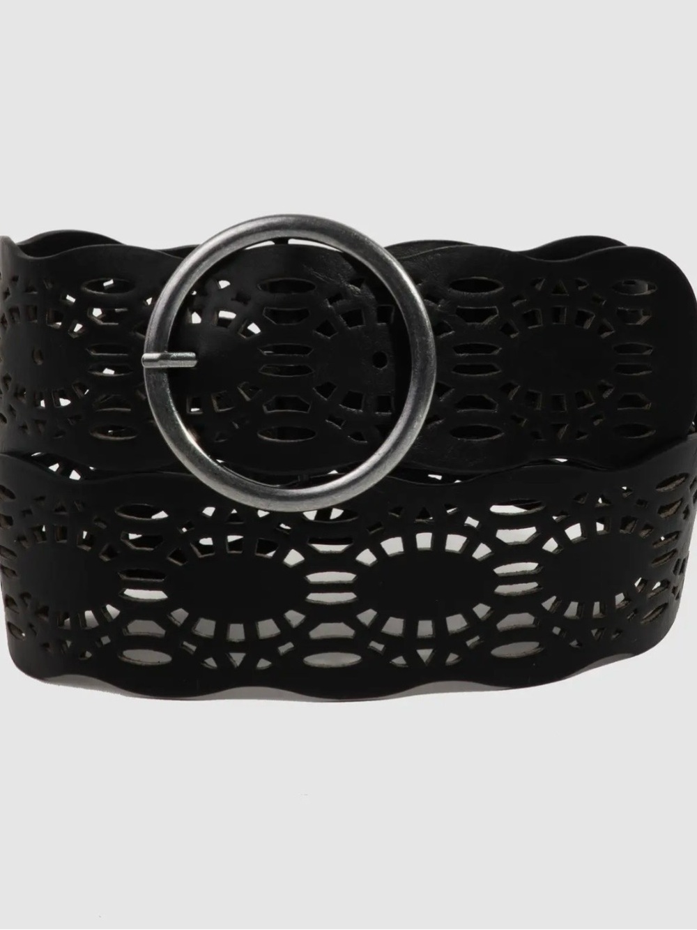 Women’s Black Laser-Cut Vegan Leather Belt with Silver Buckle